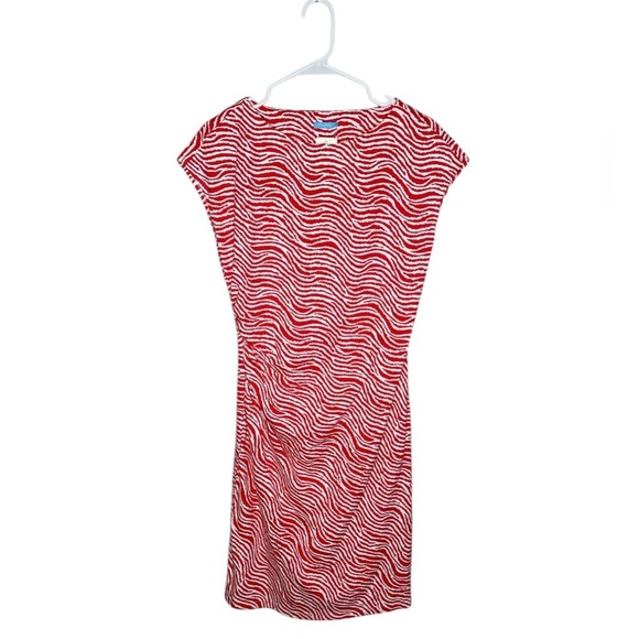 NWT J. McLaughlin Kasia Red White Radio Waves Ruched Dress Size Medium Cap Slv - Picture 1 of 7